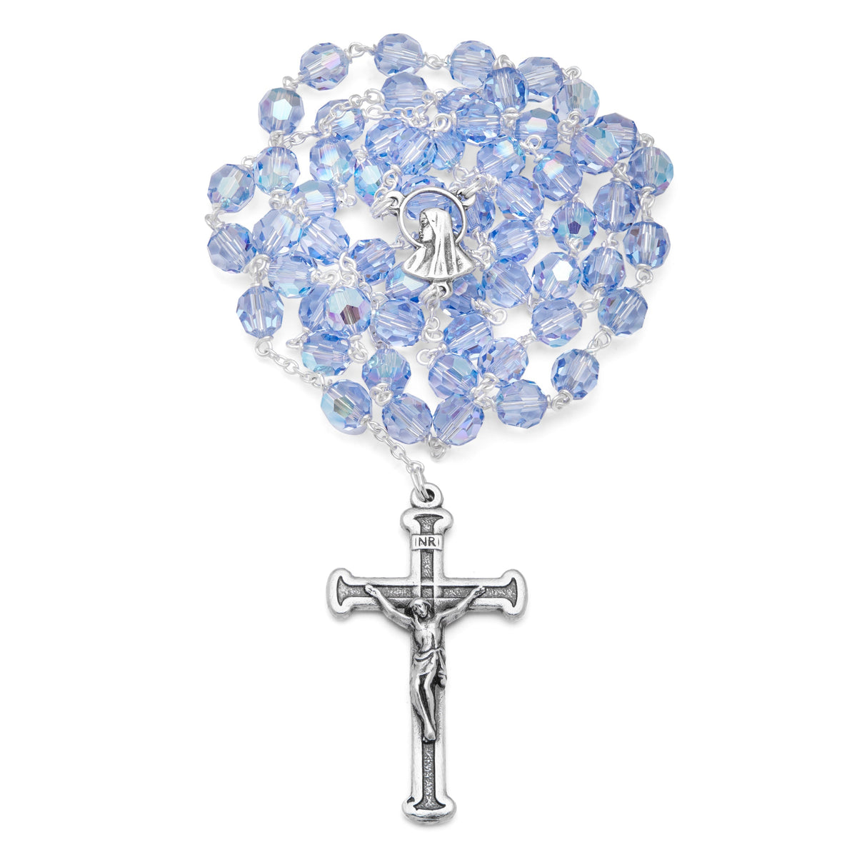 Sterling Silver Our Lady of Sorrows Rosary with Light Blue Crystal Beads