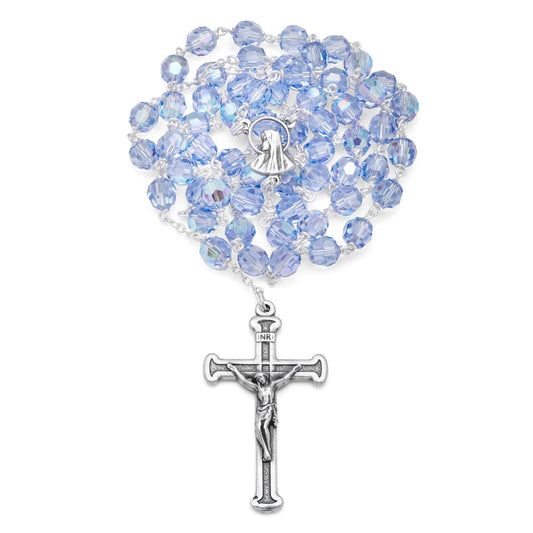 Sterling Silver Our Lady of Sorrows Rosary with Light Blue Crystal Beads