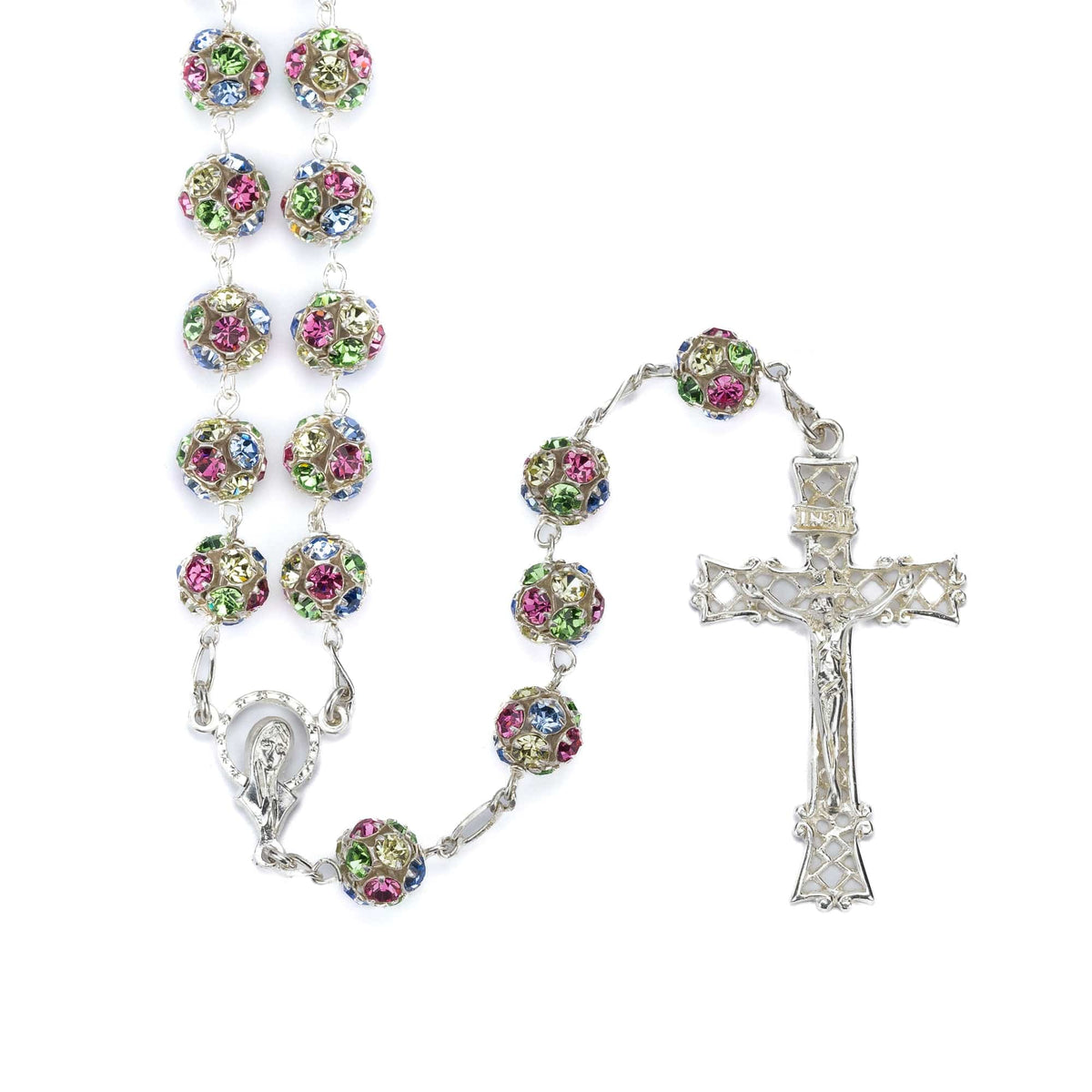 Sterling Silver Rosary with Multicolor Crystal Beads