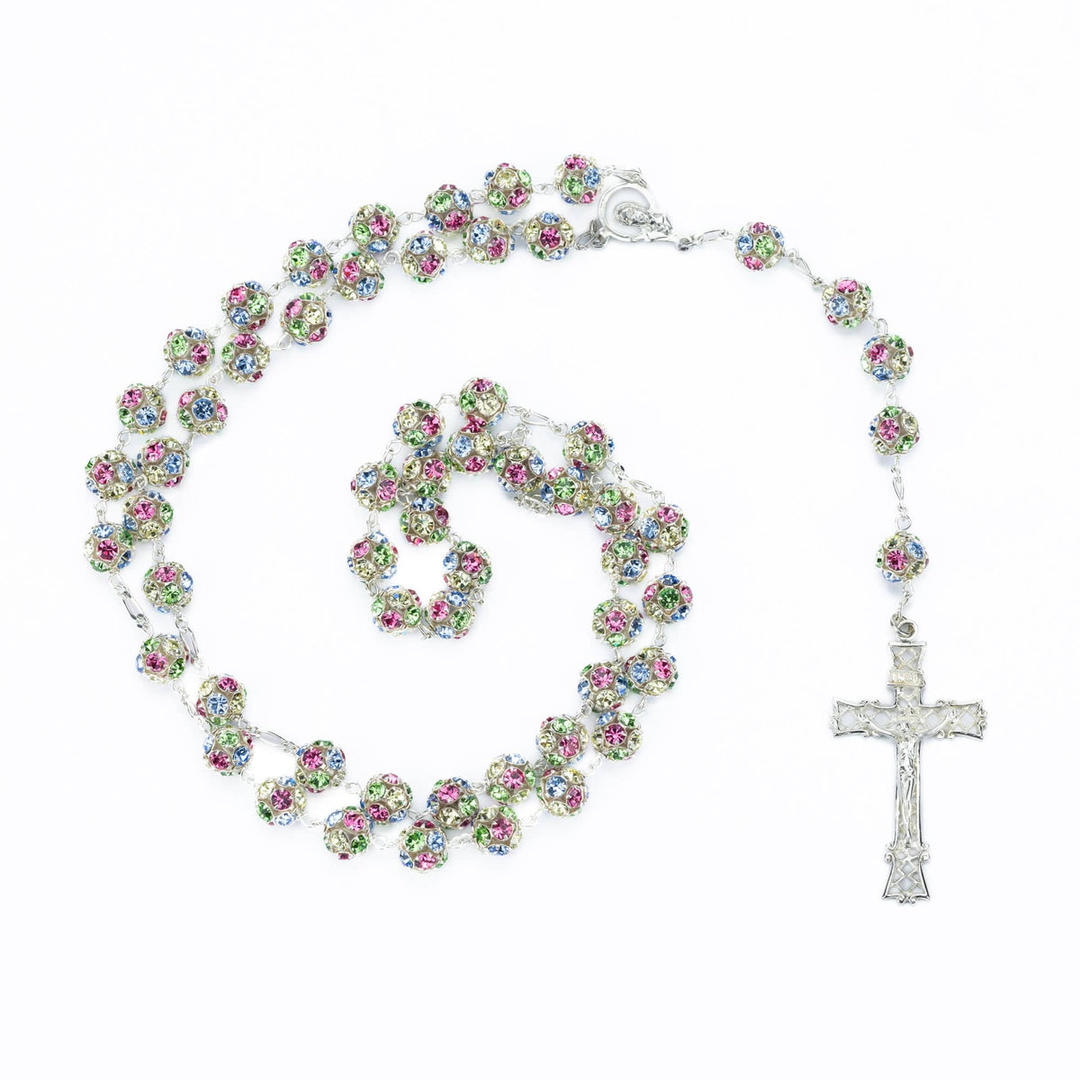 Sterling Silver Rosary with Multicolor Crystal Beads