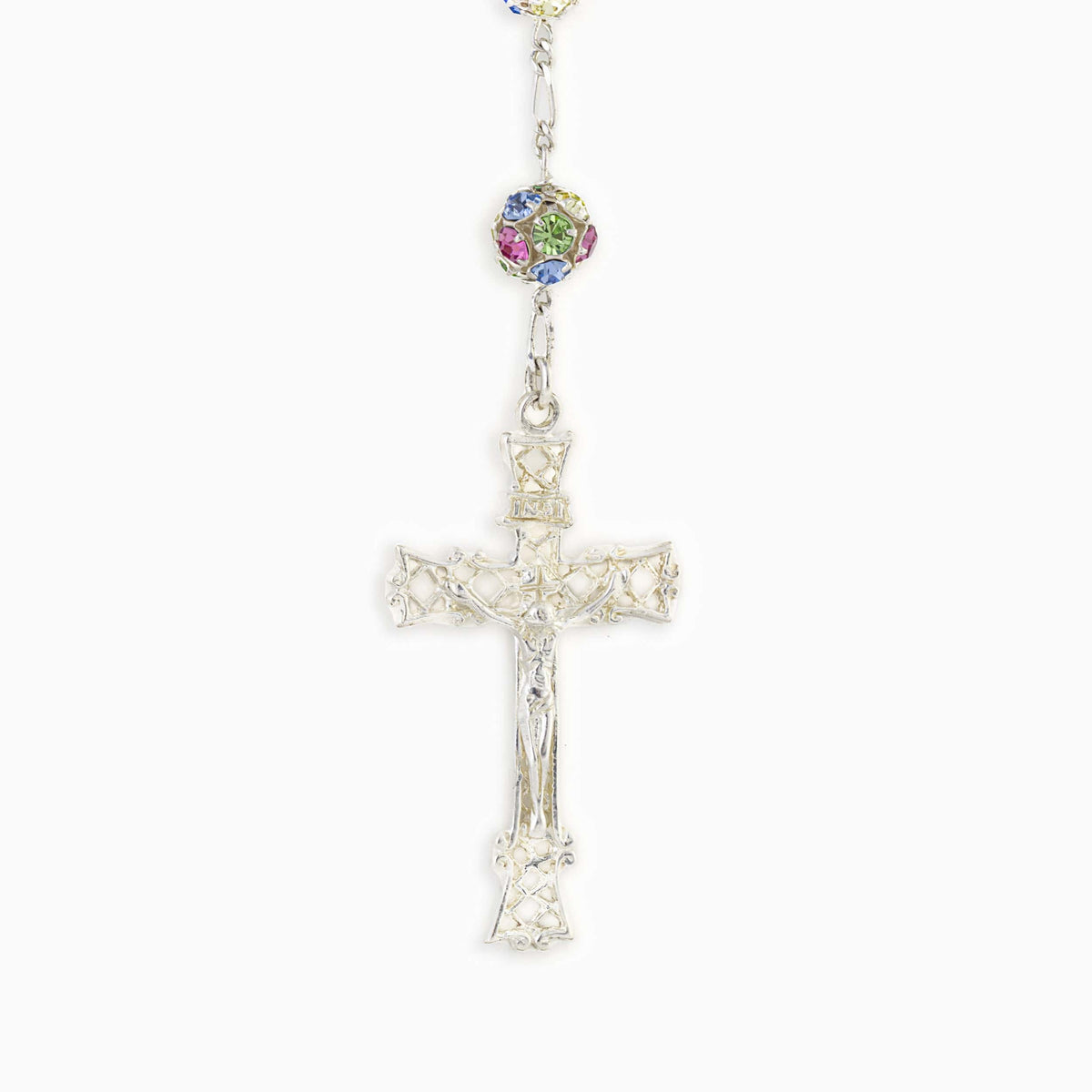 Sterling Silver Rosary with Multicolor Crystal Beads