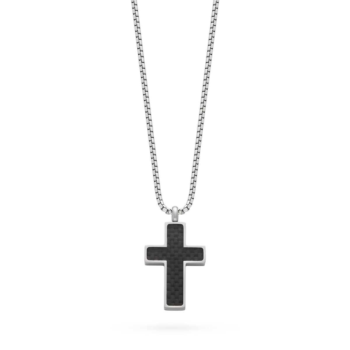 Stainless Steel Cross Pendant with Black Braided Texture and Chain