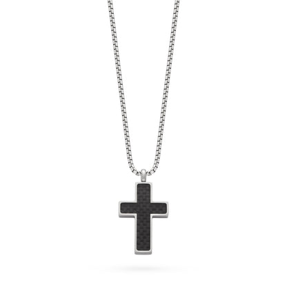 Stainless Steel Cross Pendant with Black Braided Texture and Chain