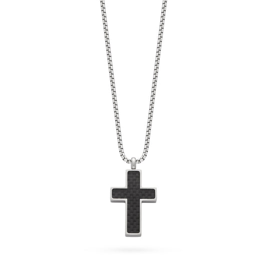 Stainless Steel Cross Pendant with Black Braided Texture and Chain