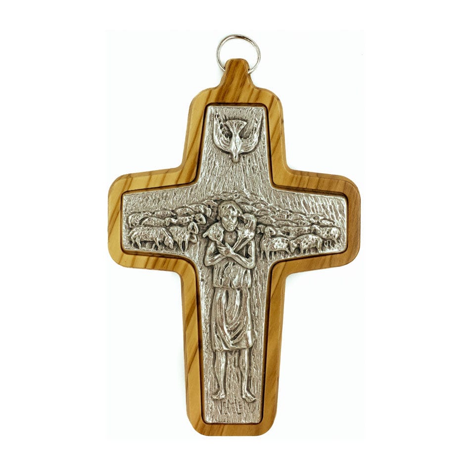 Good Shepherd Cross in Pewter with Olive Wood Back