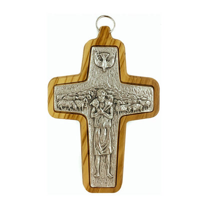 Good Shepherd Cross in Pewter with Olive Wood Back