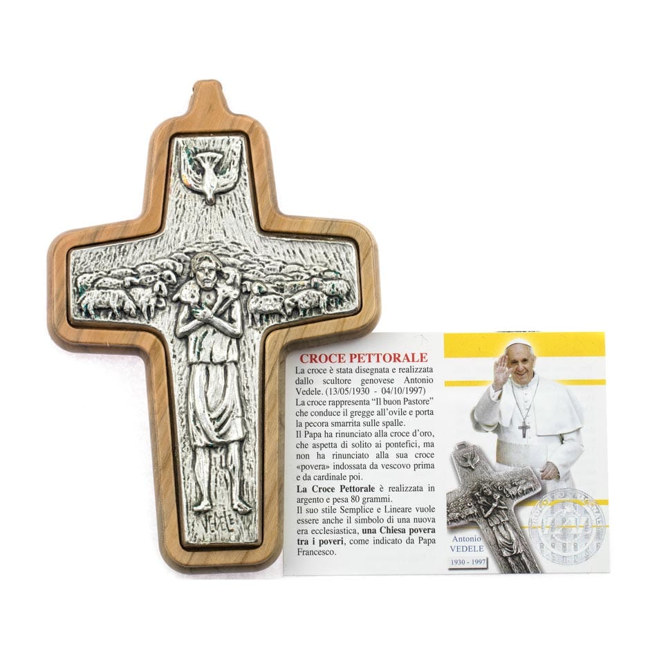Good Shepherd Cross in Pewter with Olive Wood Back