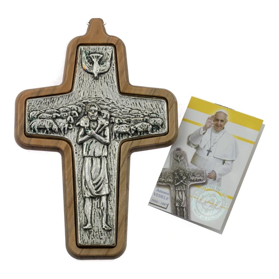 Good Shepherd Cross in Pewter with Olive Wood Back