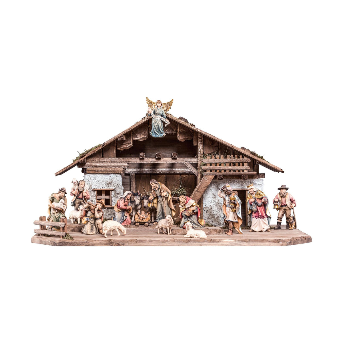 Traditional Wooden Nativity Scene with the Three Magi and Shepherds