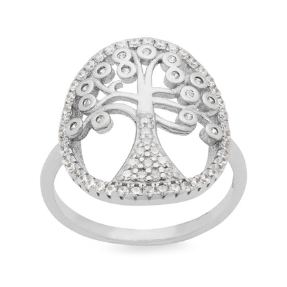 Sterling Silver Adjustable Tree of Life Ring With Cubic Zirconia Details