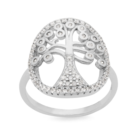 Sterling Silver Adjustable Tree of Life Ring With Cubic Zirconia Details