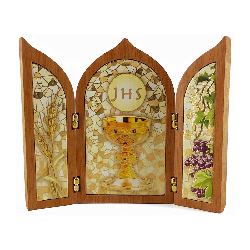Wooden Triptych with The First Communion Chalice