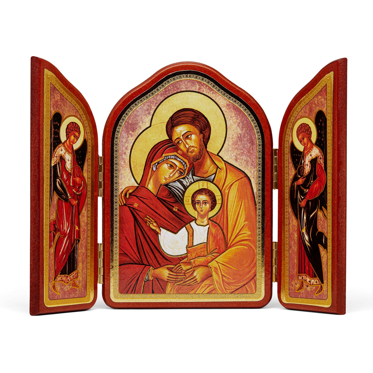 Triptych in Red Wood With Holy Family and Angels
