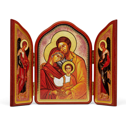 Triptych in Red Wood With Holy Family and Angels