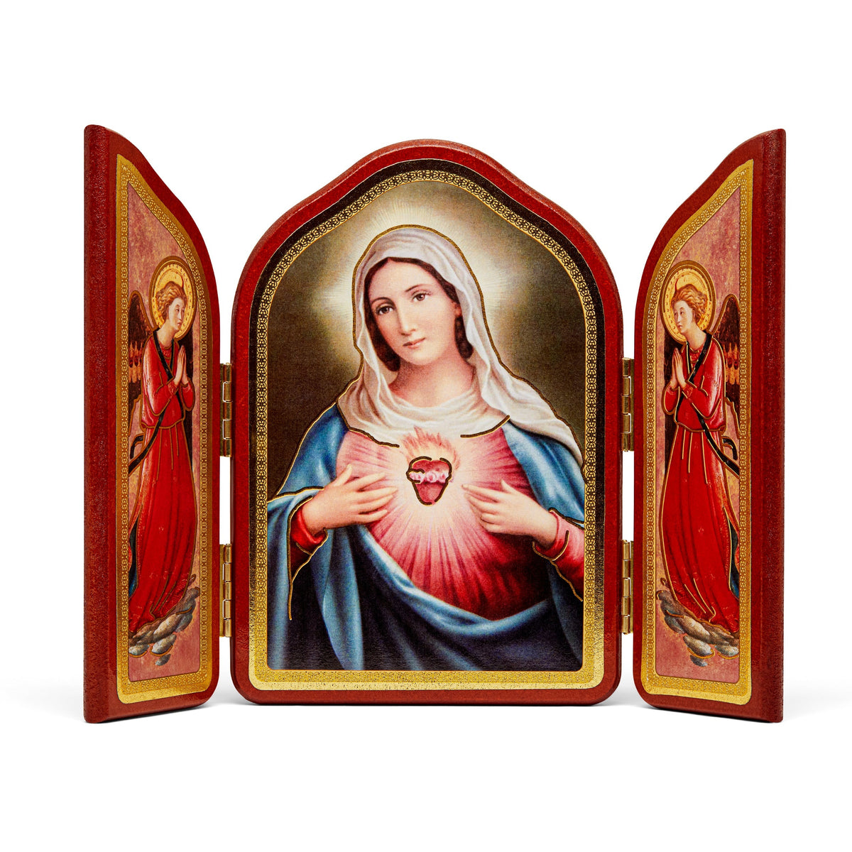 Triptych in Red Wood With Immaculate Heart of Mary and Angels