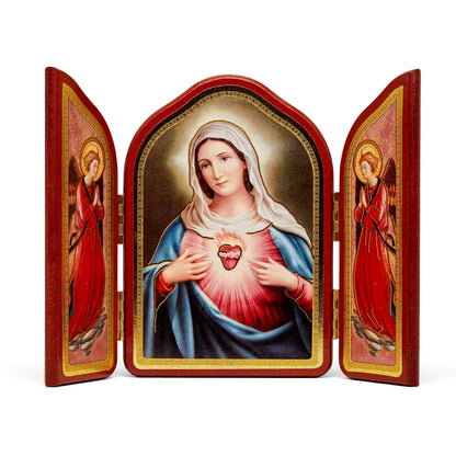Triptych in Red Wood With Immaculate Heart of Mary and Angels