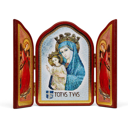 Triptych in Red Wood With Mater Ecclesiae And Angels