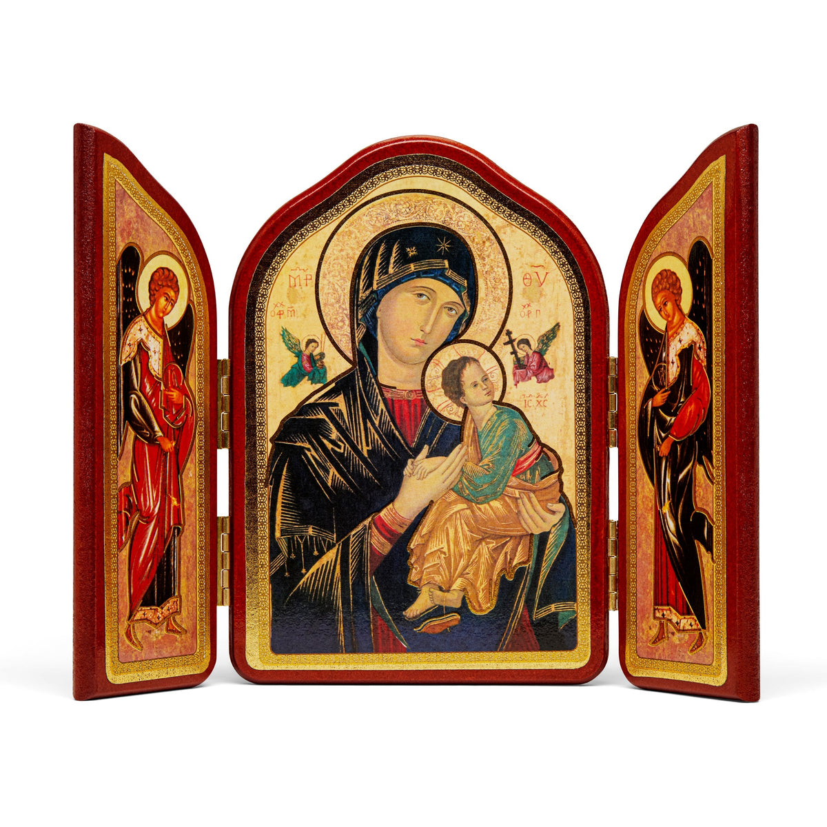 Triptych in Red Wood With Our Lady of Perpetual Help And Angels