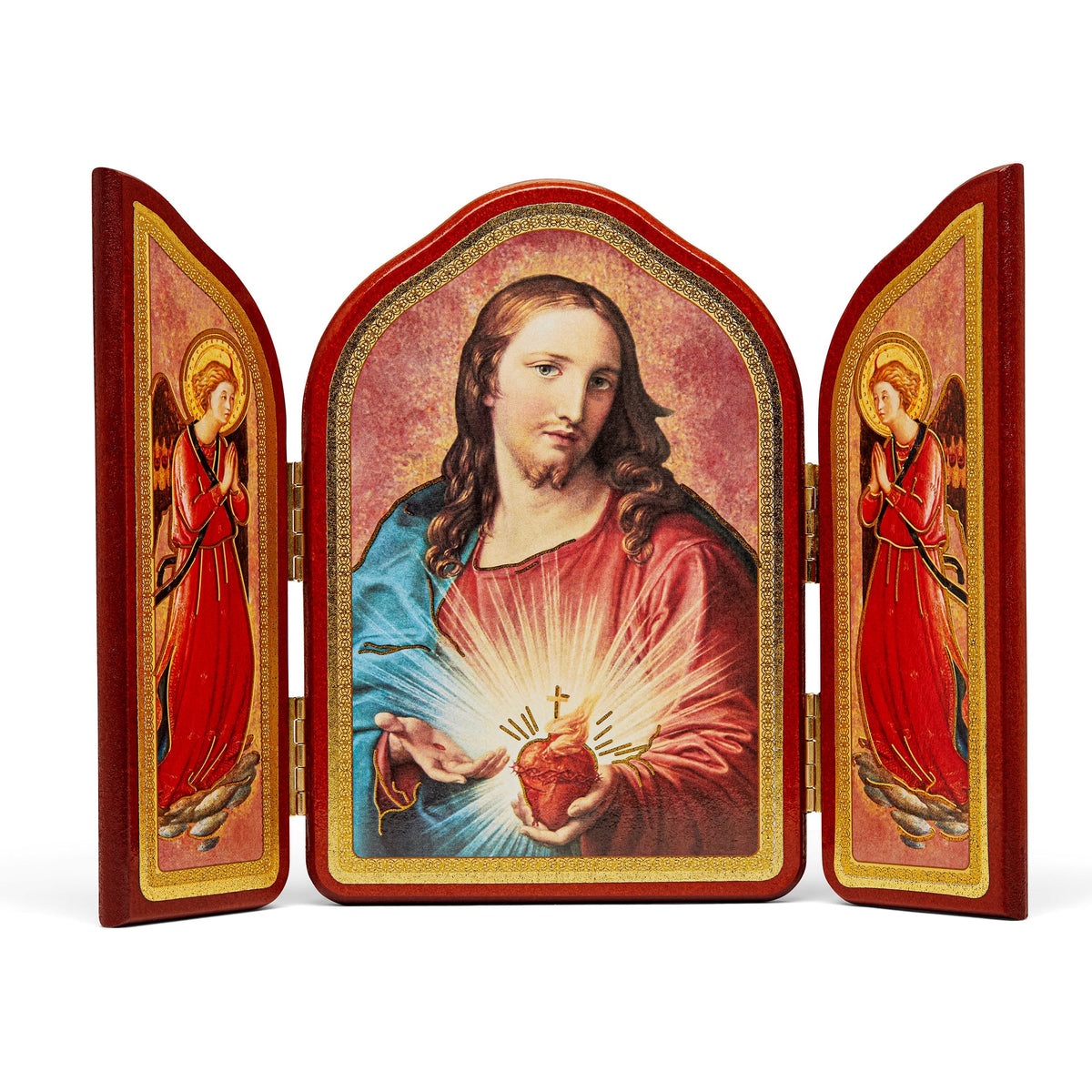 Triptych in Red Wood With Sacred Heart of Jesus And Angels