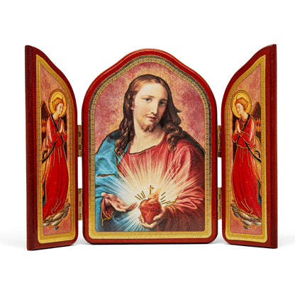 Triptych in Red Wood With Sacred Heart of Jesus And Angels