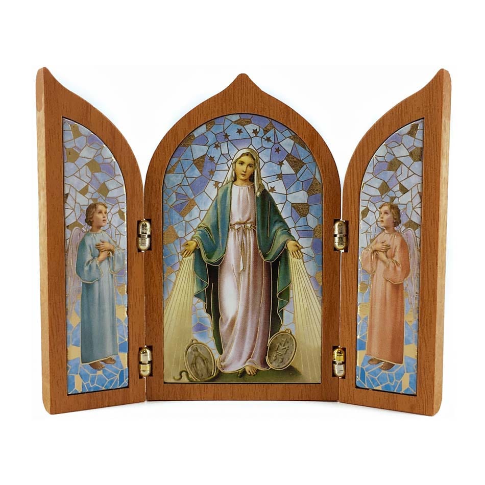 Wooden Triptych with Our Lady of the Miraculous Medal and Angels
