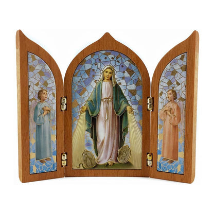 Wooden Triptych with Our Lady of the Miraculous Medal and Angels