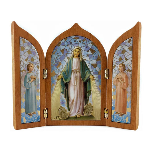 Wooden Triptych with Our Lady of the Miraculous Medal and Angels