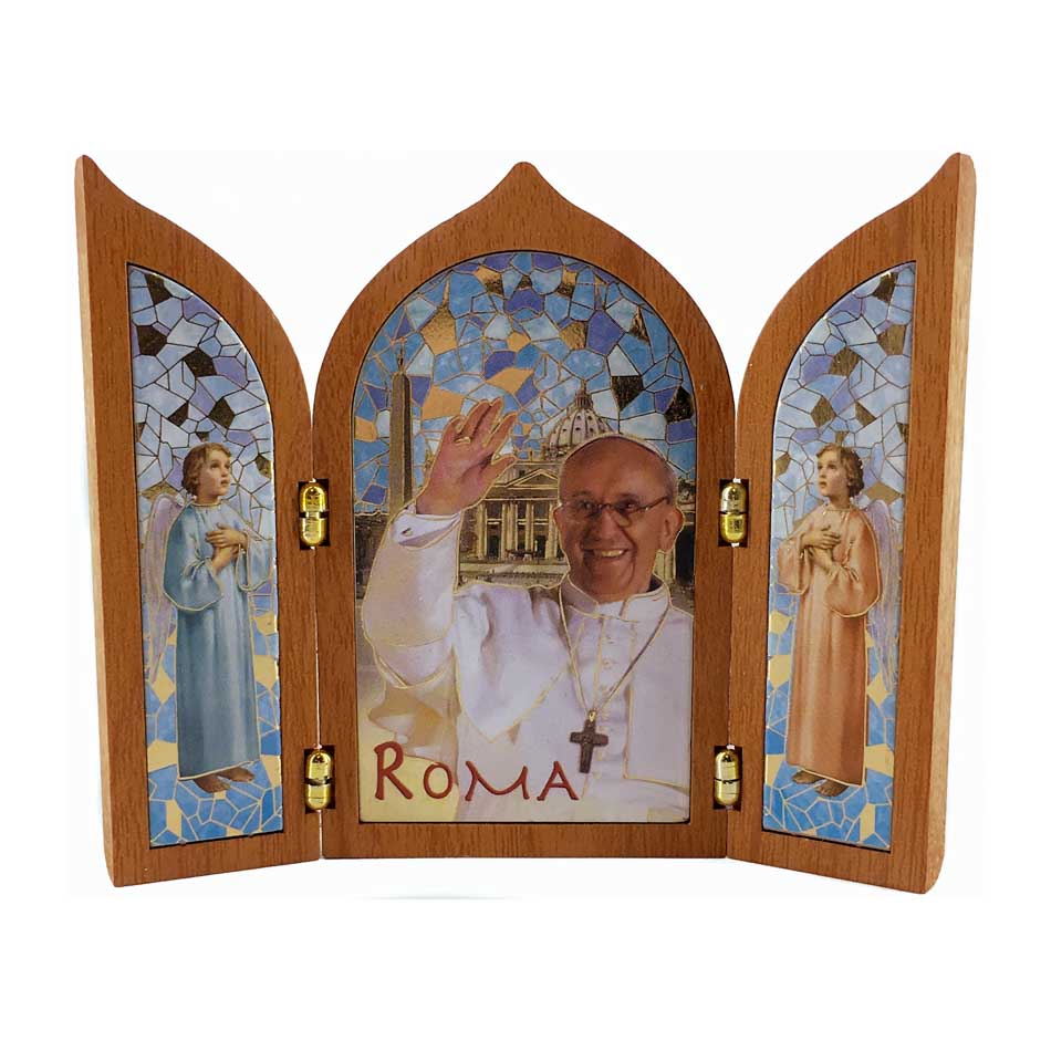 Wooden Triptych with Pope Francis and Angels