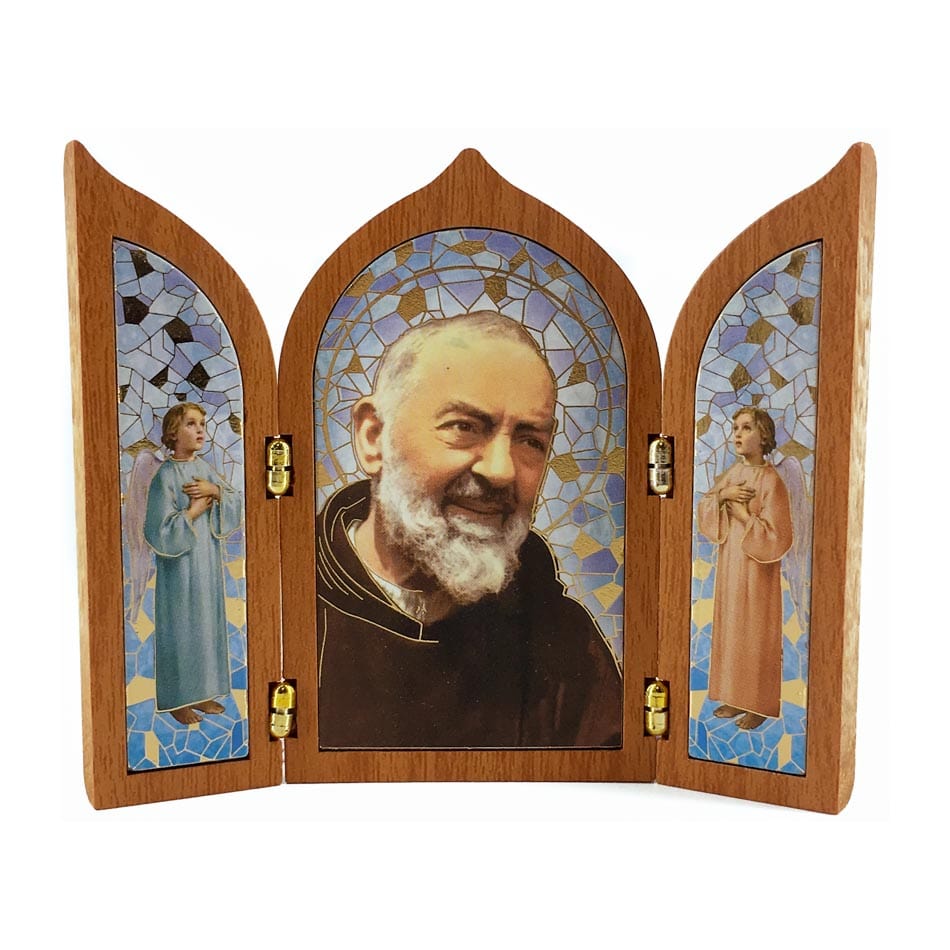 Wooden Triptych with Padre Pio and Angels