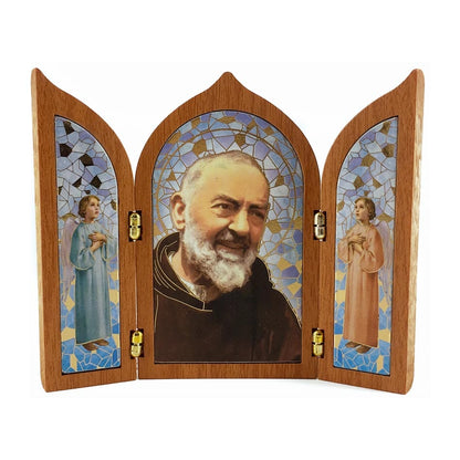 Wooden Triptych with Padre Pio and Angels