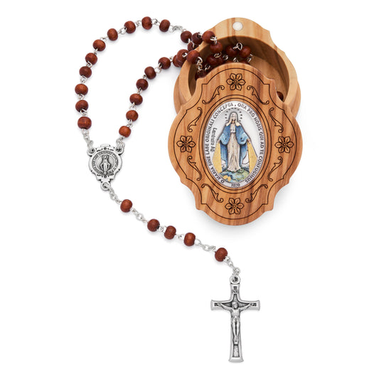 Olive Wood Colored Our Lady of the Miraculous Medal Rosary Case With Wood Rosary