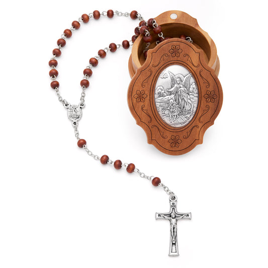 Olive Wood Guardian Angel Rosary Case With Wood Rosary