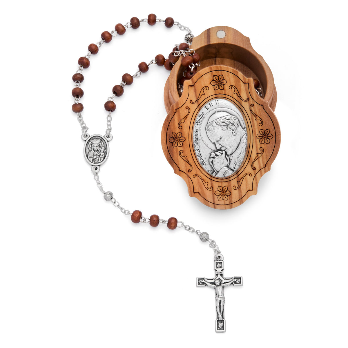 Olive Wood Pope St. John Paul II Rosary Case With Wood Rosary