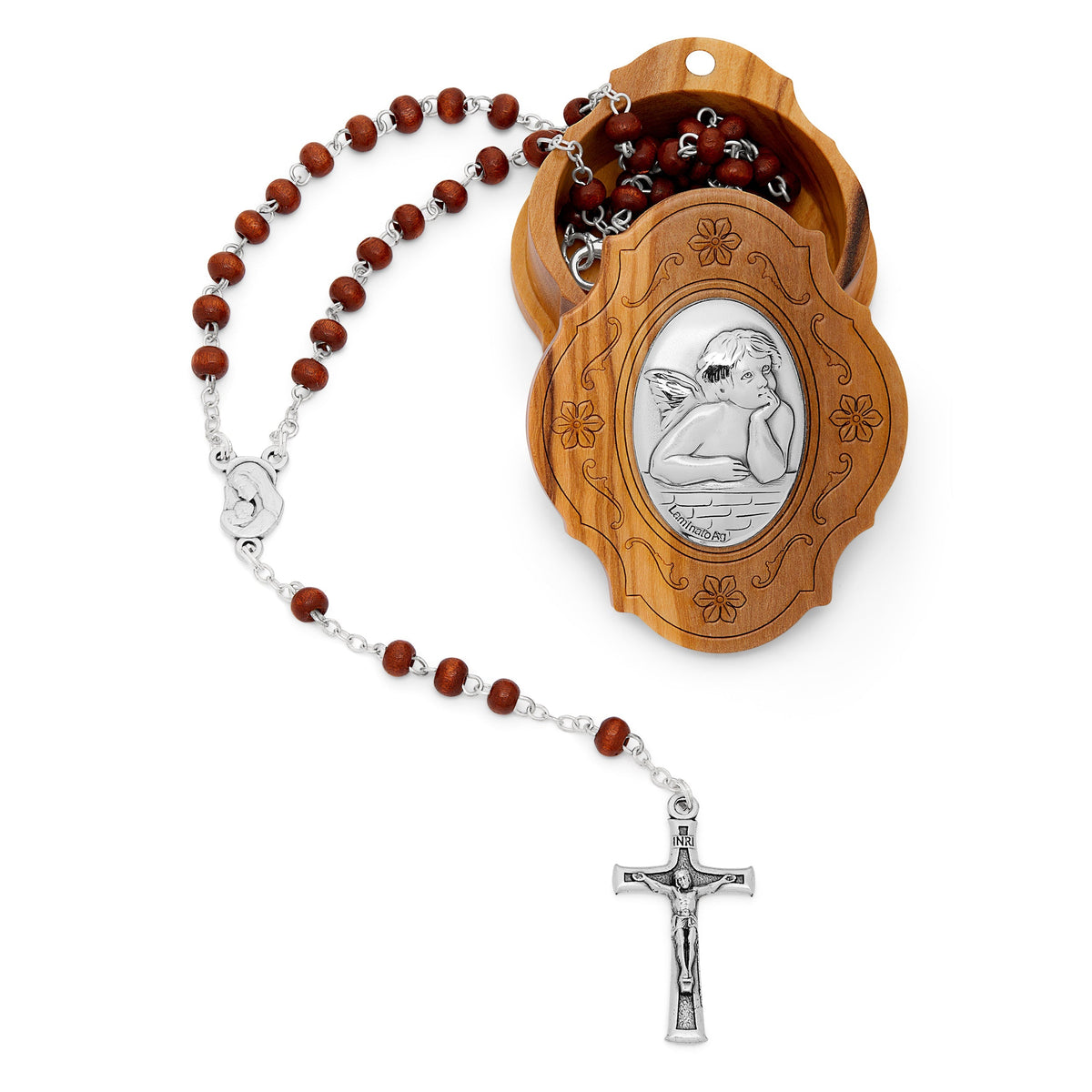 Olive Wood Putto Angel Rosary Case With Wood Rosary