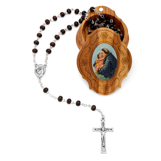 Olive Wood St. Anthony of Padua Rosary Case With Wood Rosary