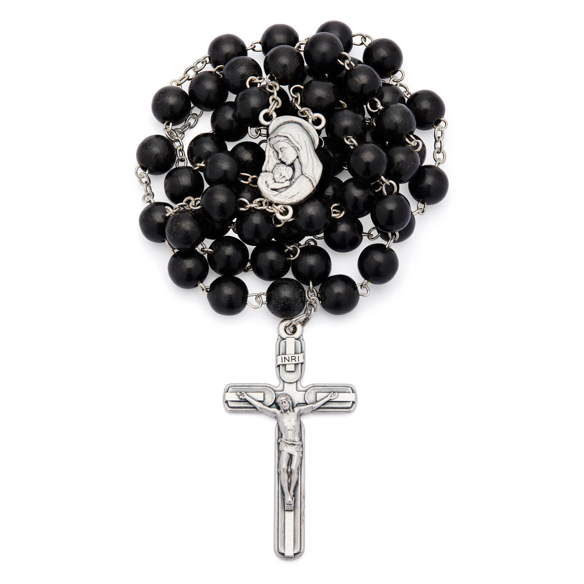 Virgin Mary and Child Rosary with Black Wood Beads