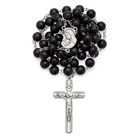 Virgin Mary and Child Rosary with Black Wood Beads