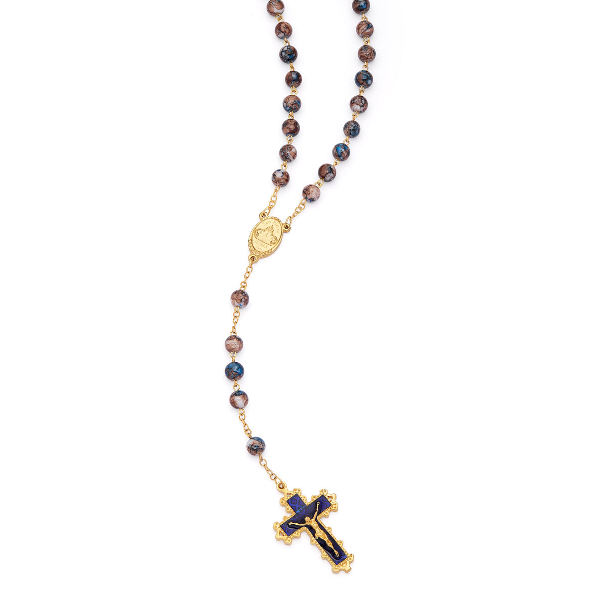 Virgin Mary and Child Rosary with Blue and Brown Glass Beads