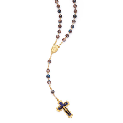 Virgin Mary and Child Rosary with Blue and Brown Glass Beads