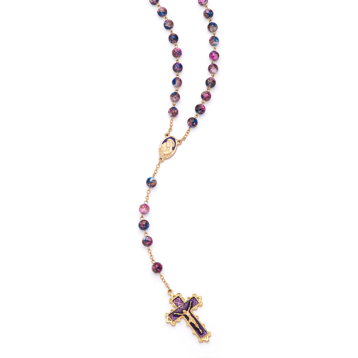Virgin Mary and Child Rosary with Blue and Fuchsia Glass Beads