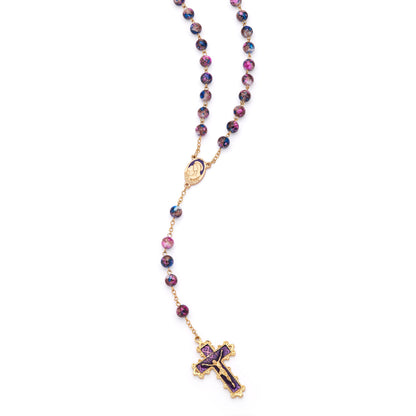Virgin Mary and Child Rosary with Blue and Fuchsia Glass Beads