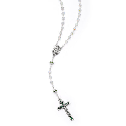 Virgin Mary and Child Rosary with Clear Beads and Green Details