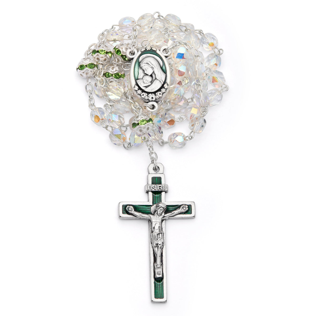 Virgin Mary and Child Rosary with Clear Beads and Green Details