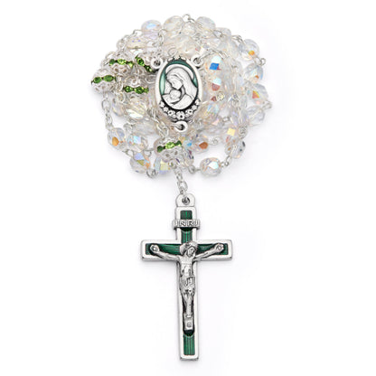 Virgin Mary and Child Rosary with Clear Beads and Green Details