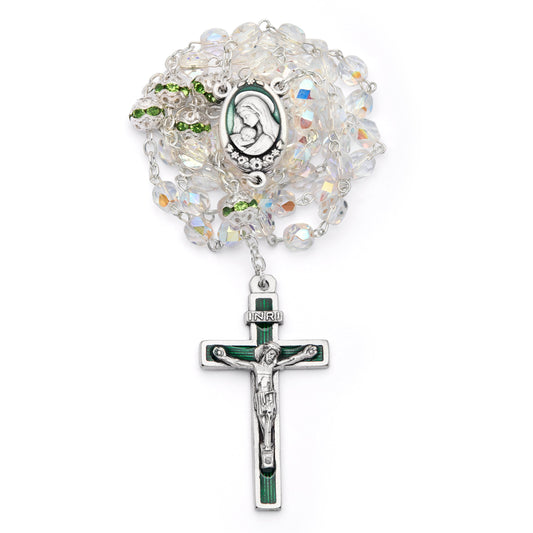Virgin Mary and Child Rosary with Clear Beads and Green Details