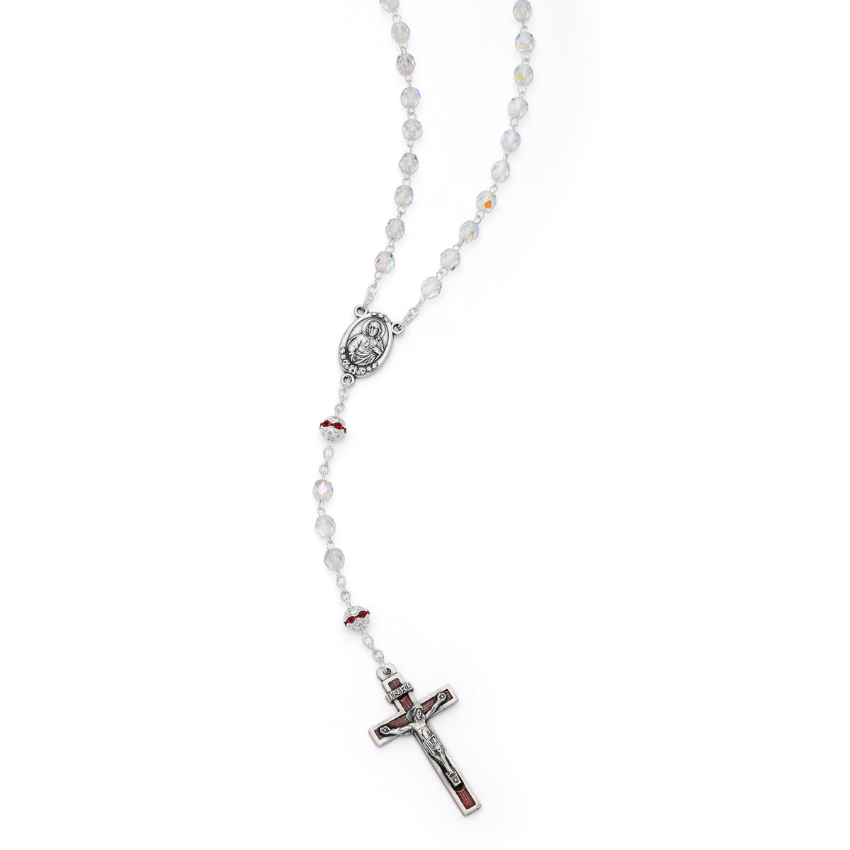 Virgin Mary and Child Rosary with Clear Beads and Red Details