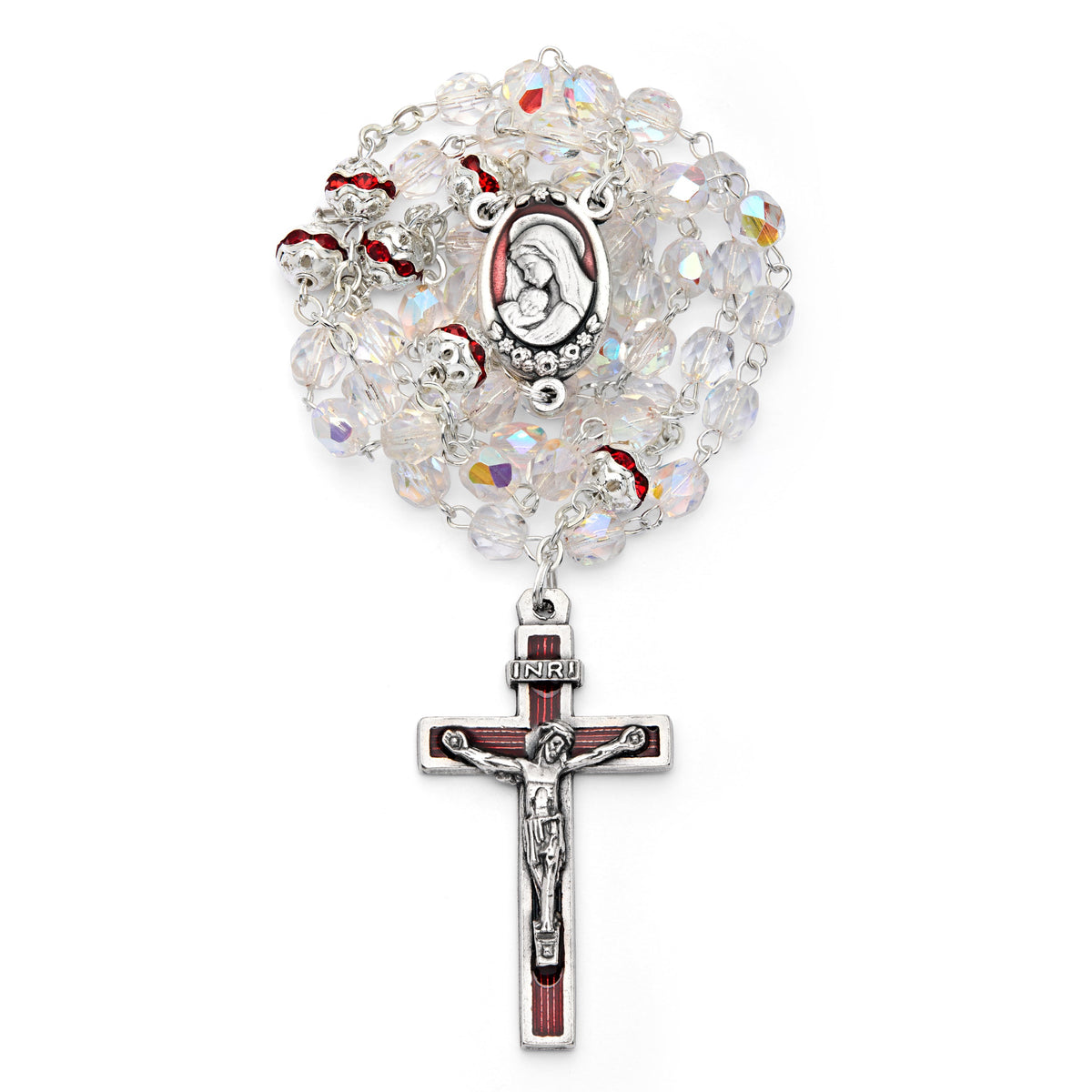 Virgin Mary and Child Rosary with Clear Beads and Red Details