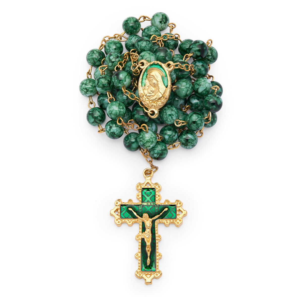 Virgin Mary and Child Rosary with Dark Green Glass Beads