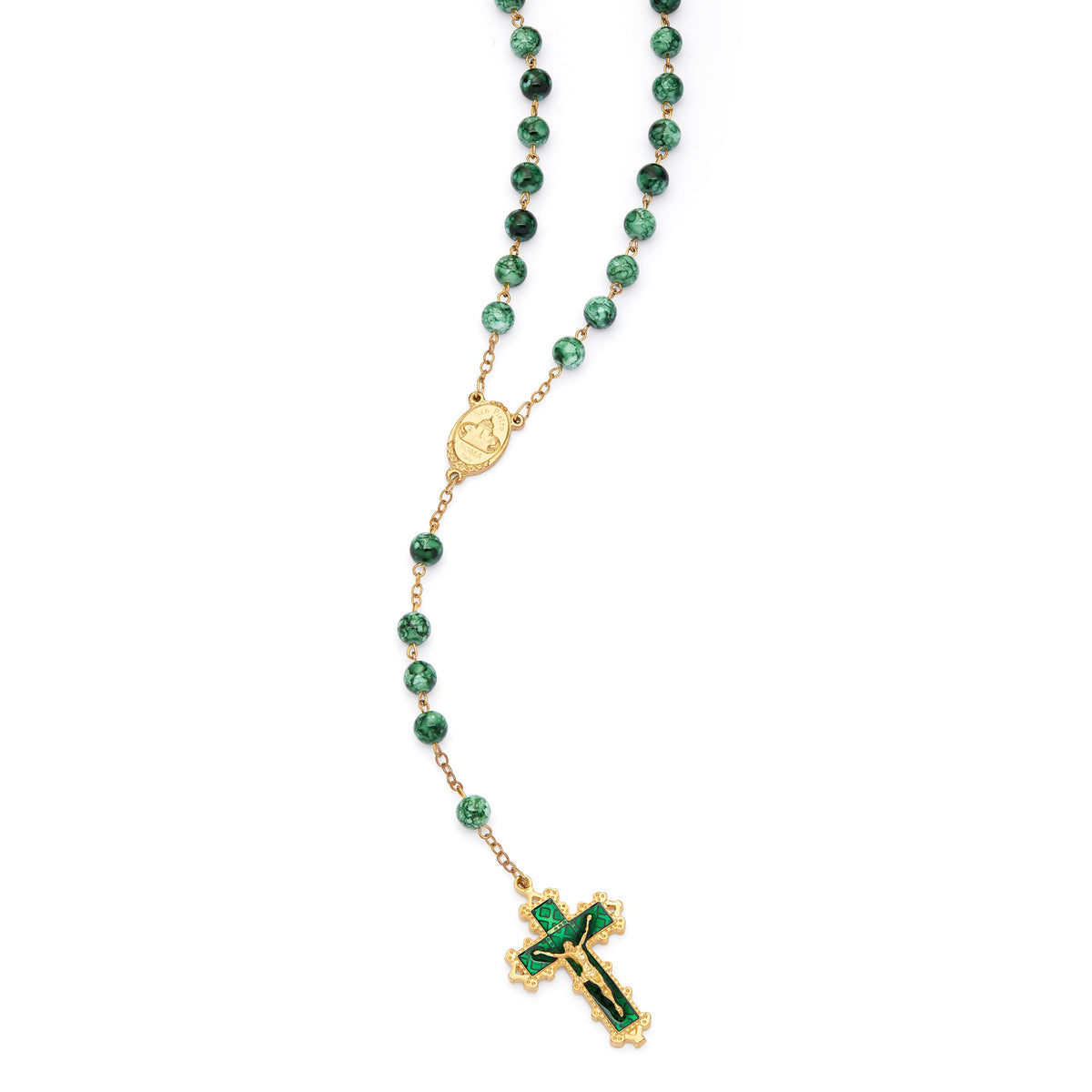 Virgin Mary and Child Rosary with Dark Green Glass Beads