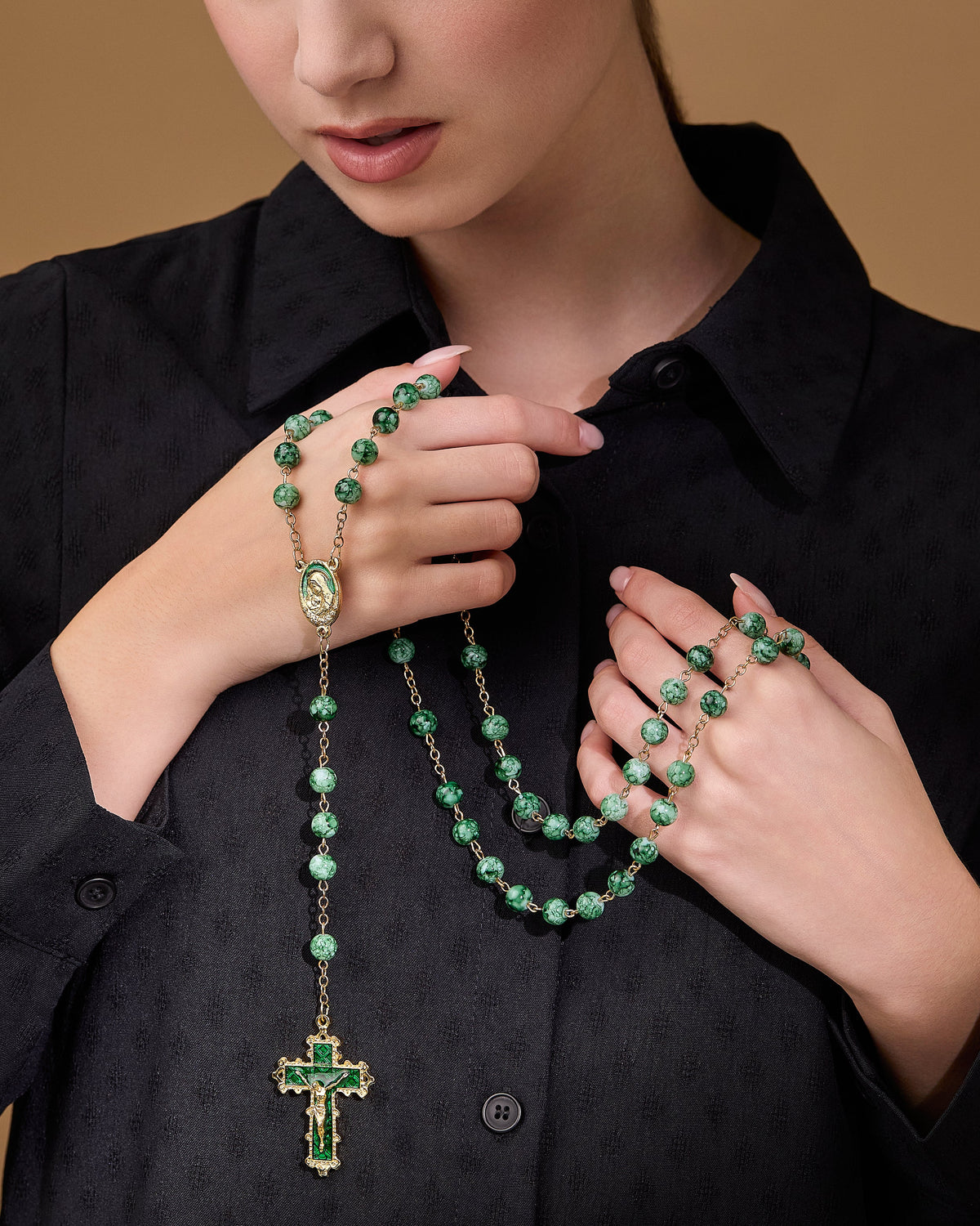Virgin Mary and Child Rosary with Dark Green Glass Beads
